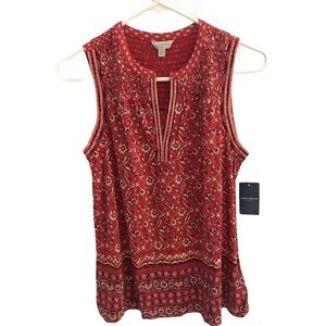 Lucky Brand Red Boho Floral Print Smocked Sleeveless V-Neck Blouse Top NWT Small
